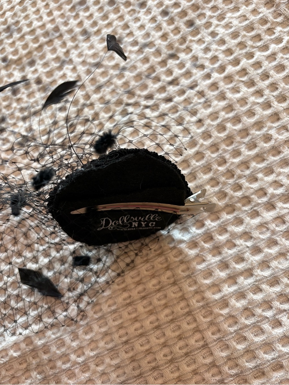 Black Veiled Fascinator with Feathers and Pink Pearl Accents - Picture 8 of 12